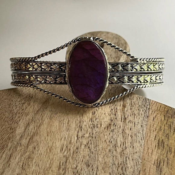 925 STERLING SILVER OVERLAY ADJUSTABLE GEMSTONE CUFF BRACELET - Picture 2 of 8